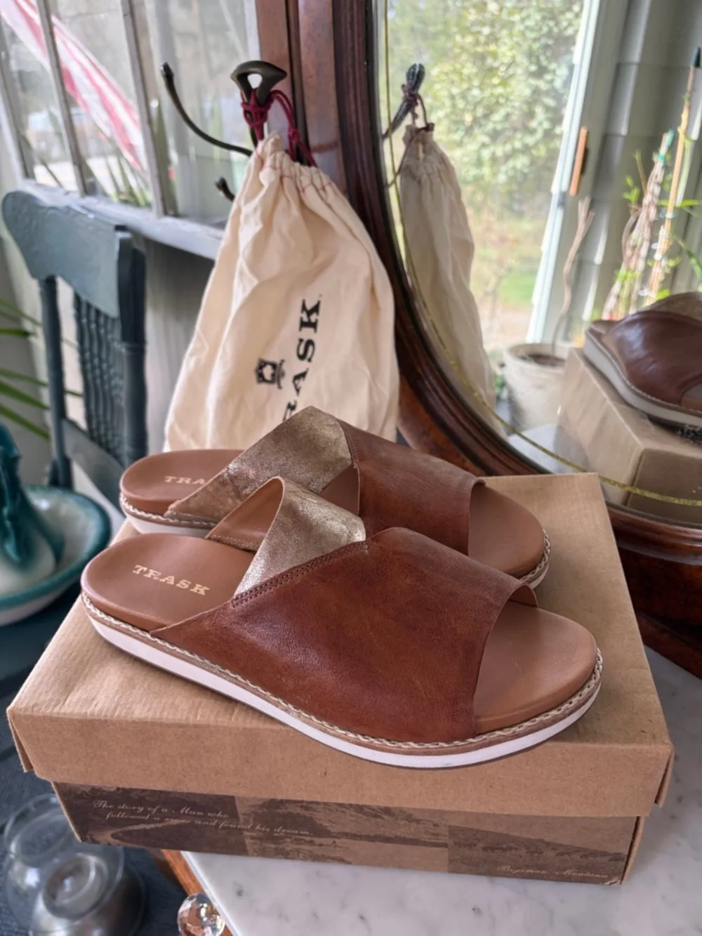 RSVD: Trask Leather Slide Sandals Brown and Metallic - Picture 2 of 10